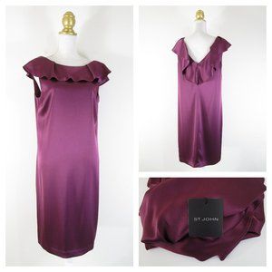 St. John Solid Purple Plum Ruffle Neckline Formal Shift Dress 8